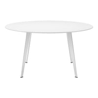 White round table with sleek, minimalist design and silver legs, enhancing contemporary decor with a clean look.