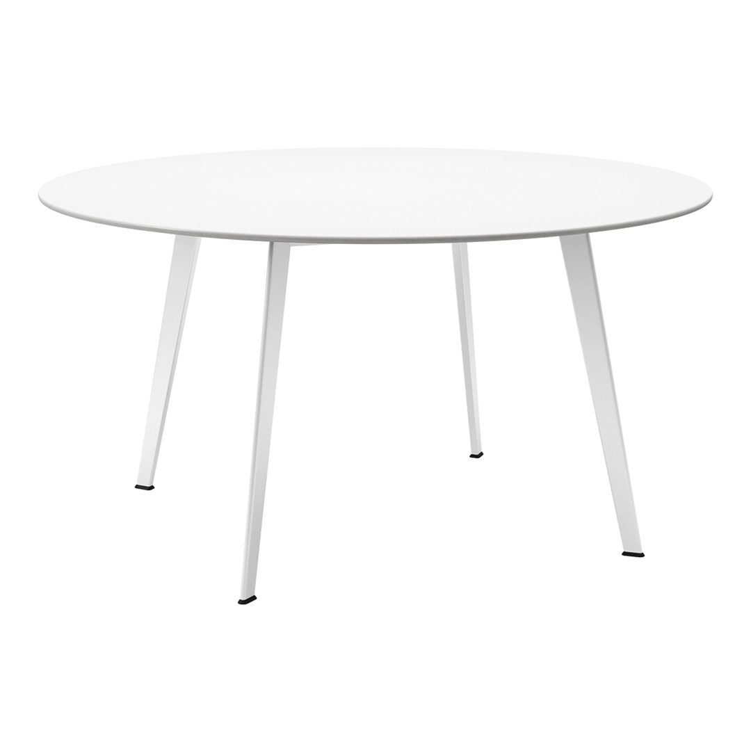 Round dining table in sleek white finish with minimalist design and slender legs, perfect for modern decor.