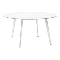 Round dining table in sleek white finish with minimalist design and slender legs, perfect for modern decor.