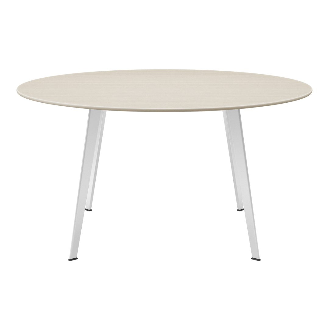 Round table with a light beige wood grain surface and sleek white metal legs, perfect for modern dining.