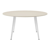 Round table with a light beige wood grain surface and sleek white metal legs, perfect for modern dining.