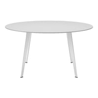 Round white table with sleek metal legs, featuring a minimalist design and smooth surface. Perfect for modern decor.