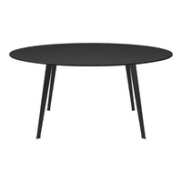 Black round dining table with sleek matte finish and minimalist design, perfect for modern interiors.