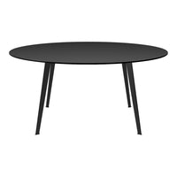 Round black dining table with sleek, modern design and slender black legs, perfect for contemporary interiors.