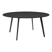 Round black dining table with a smooth surface and slender black legs, perfect for modern decor.
