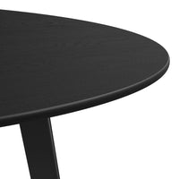 Black round table surface with a smooth finish, showcasing a sleek and modern design. Ideal for contemporary spaces.