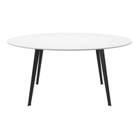 Round table with a sleek white top and black metal legs, offering a modern and minimalist design.