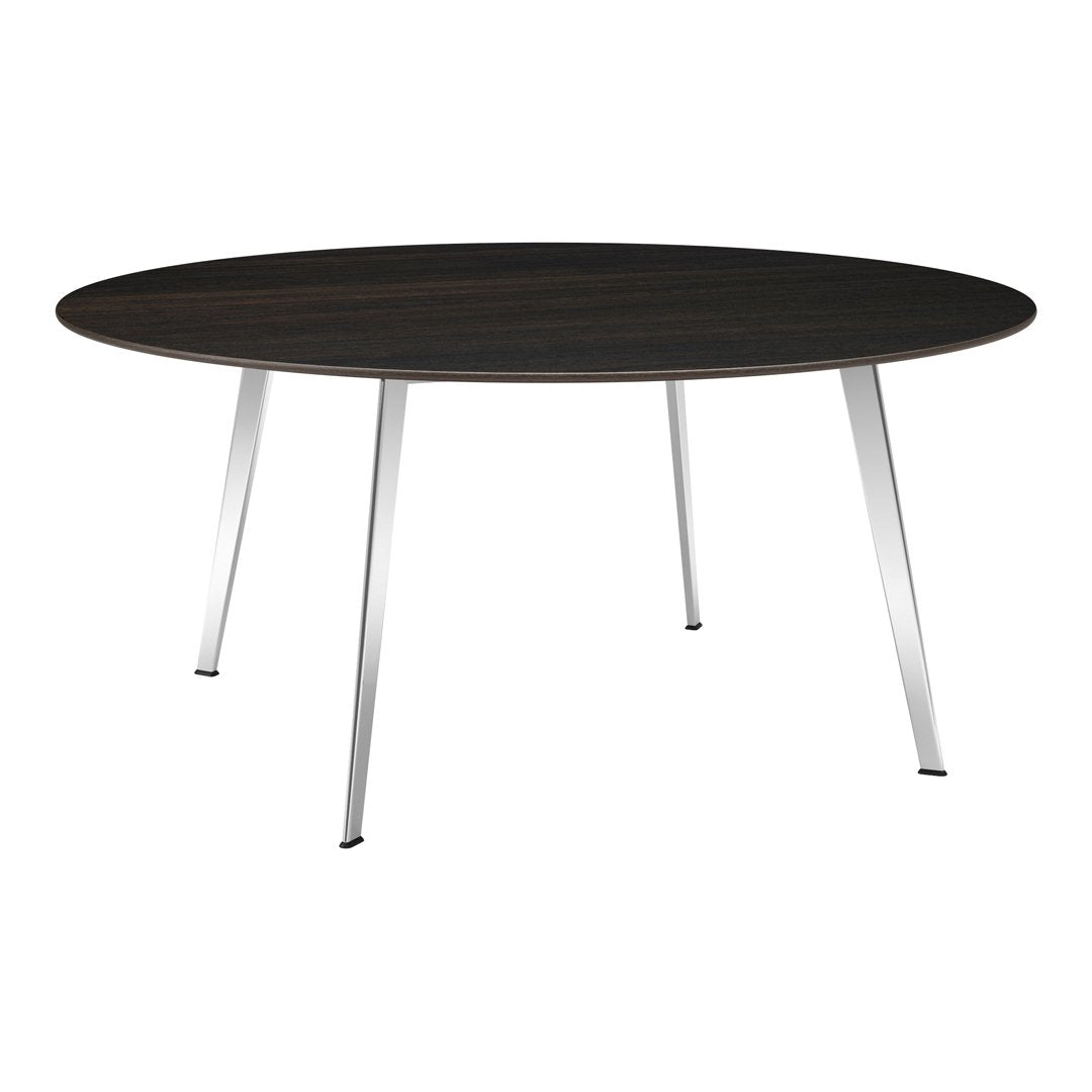 Round black wood table with a sleek chrome base, perfect for modern dining spaces.