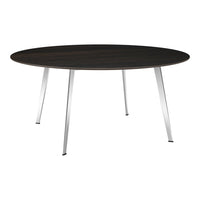 Round black wood table with a sleek chrome base, perfect for modern dining spaces.