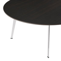 Round coffee table featuring a dark wood finish with sleek silver legs for a modern look.