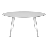 Round white tabletop with sleek silver legs, featuring a minimalist and modern design. Ideal for contemporary spaces.
