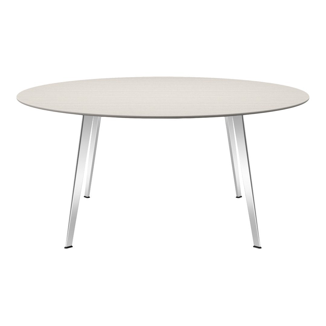 Round white tabletop with a subtle texture, supported by sleek silver legs for a modern look.