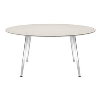 Round white tabletop with a subtle texture, supported by sleek silver legs for a modern look.