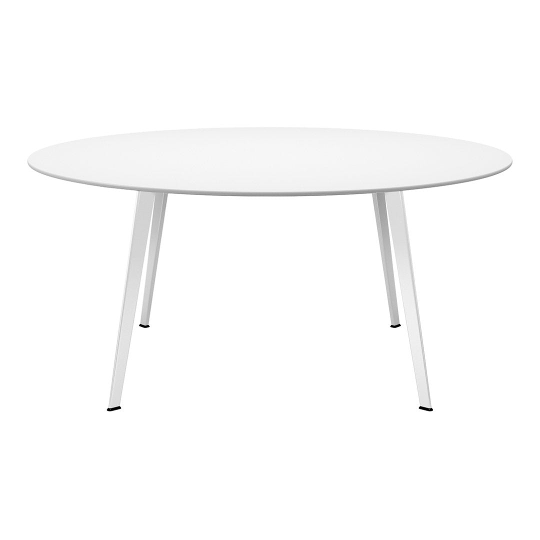 Round white table with sleek legs, featuring a minimalist design and a smooth, solid white surface.