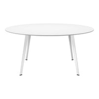 Round white table with sleek legs, featuring a minimalist design and a smooth, solid white surface.