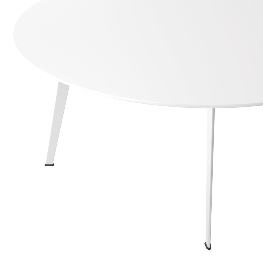 White round table with sleek white legs, featuring a modern minimalist design and smooth surface.
