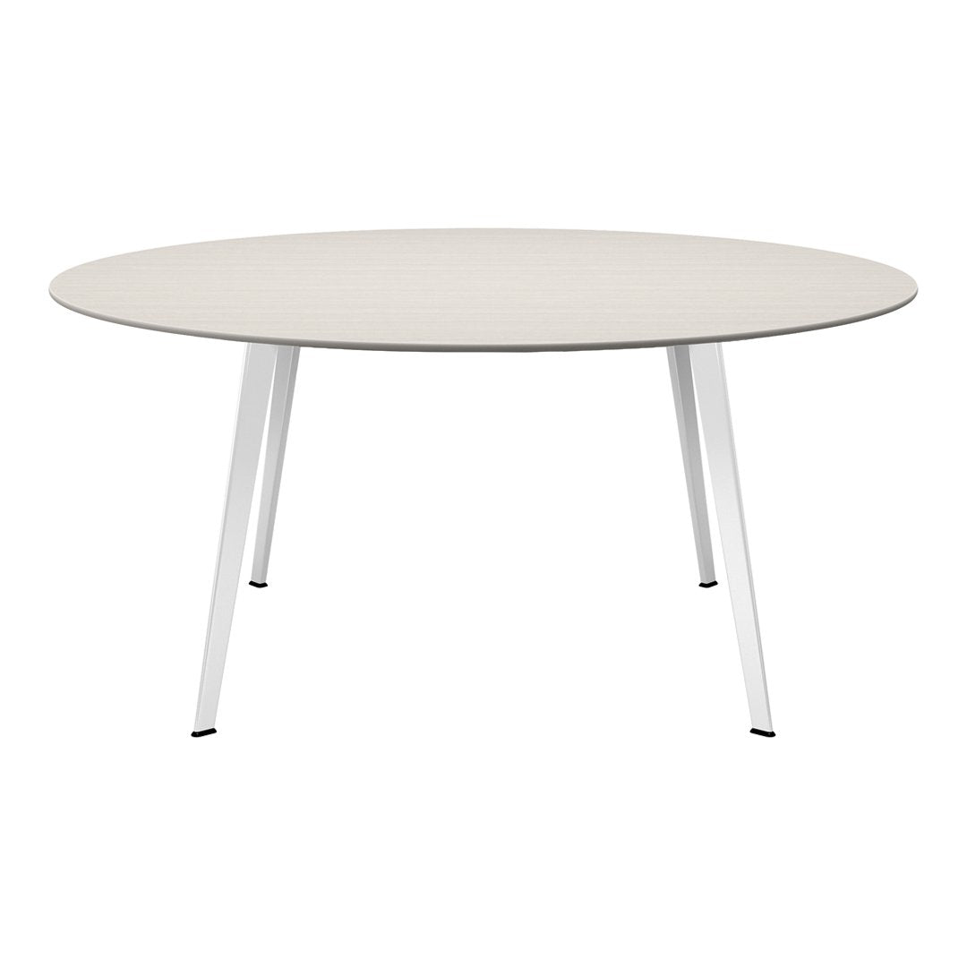 Round table with a light beige wood top and sleek white legs, featuring a smooth, minimalistic design.