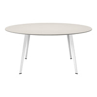 Round table with a light beige wood top and sleek white legs, featuring a smooth, minimalistic design.
