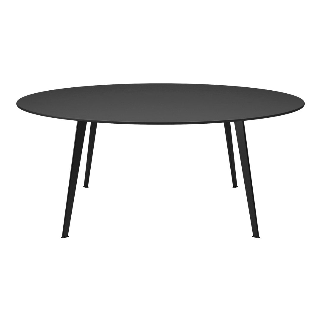 Round black table with sleek, minimalist design and sturdy black legs, perfect for modern interiors.