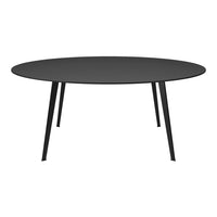 Round black table with sleek, minimalist design and sturdy black legs, perfect for modern interiors.