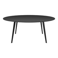 Round black table with sleek, matte finish and minimalist black legs, perfect for modern decor.