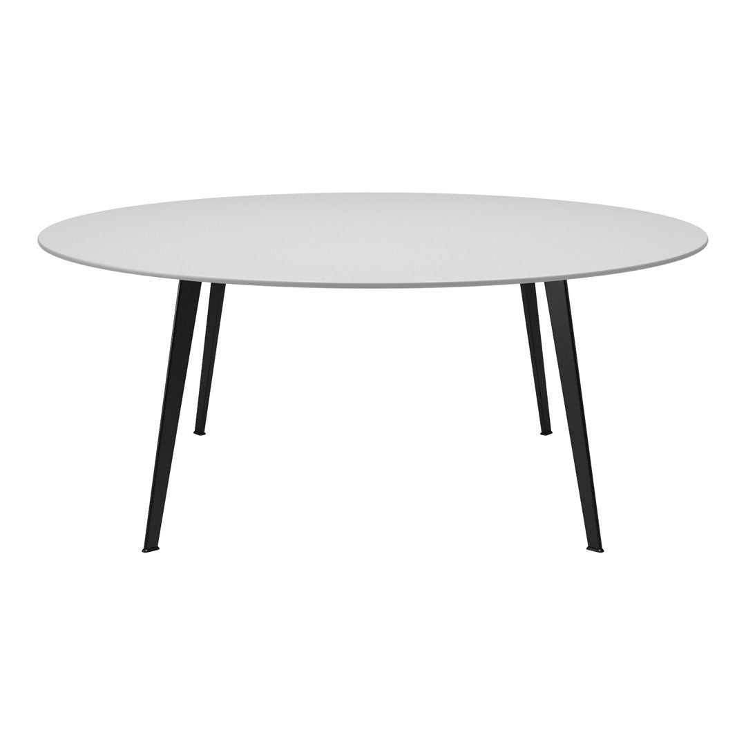 Round white tabletop with sleek black metal legs, offering a modern minimalist design and clean aesthetic.