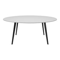 Round white tabletop with sleek black metal legs, offering a modern minimalist design and clean aesthetic.