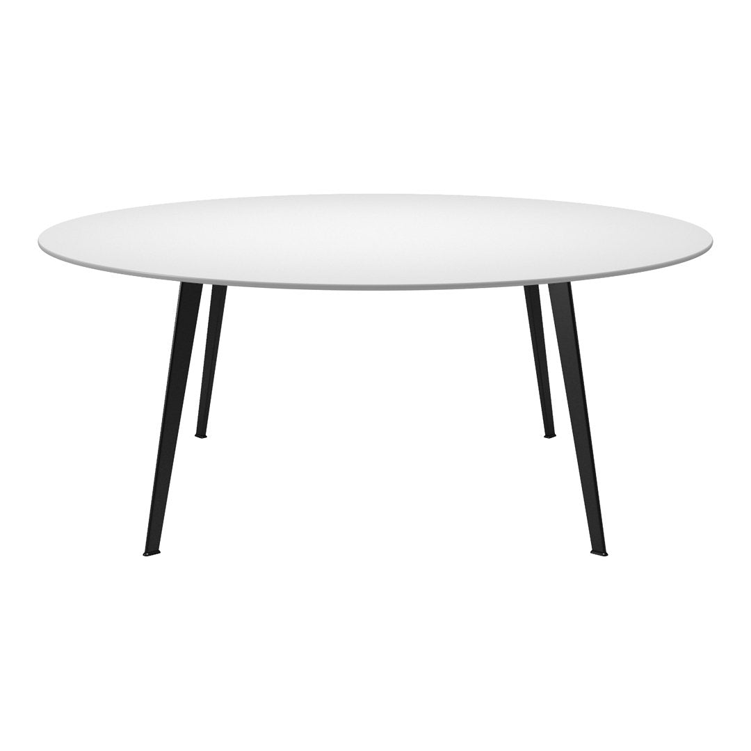 Round white table with sleek black legs, featuring a minimalist design and smooth surface.