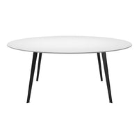 Round white table with sleek black legs, featuring a minimalist design and smooth surface.