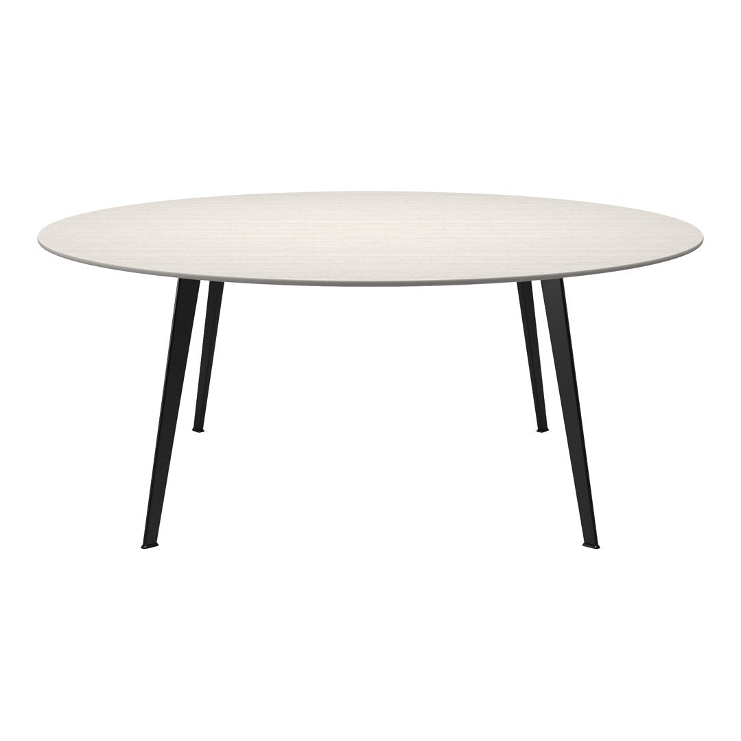 Round table with a light wood finish top and sleek black metal legs, showcasing a minimalist design.
