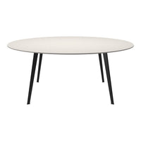 Round table with a light wood finish top and sleek black metal legs, showcasing a minimalist design.