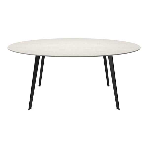 Round table with a light wood finish top and sleek black metal legs, showcasing a minimalist design.