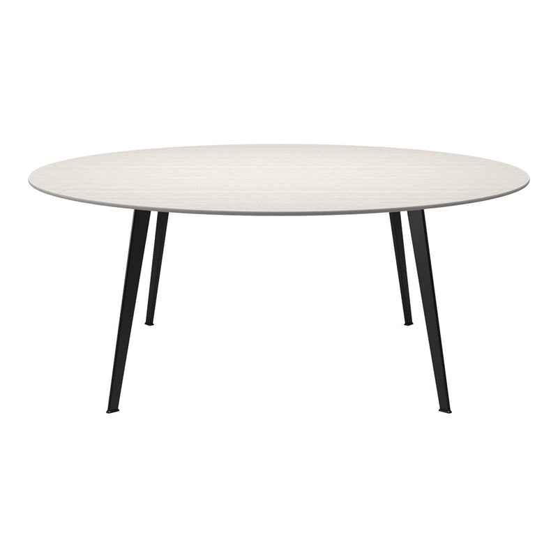 Round table with a light wood finish top and sleek black metal legs, showcasing a minimalist design.