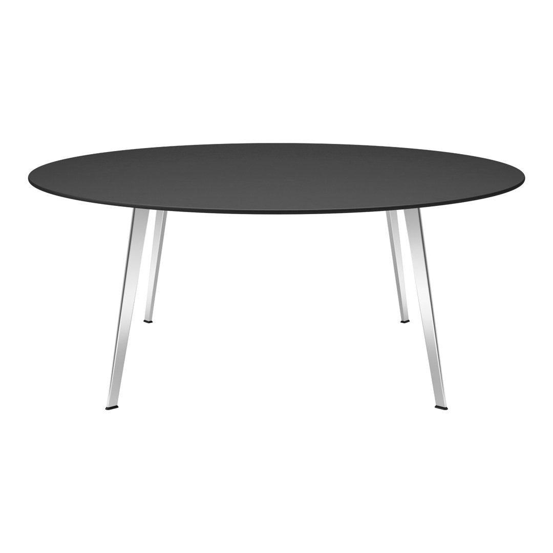 "Modern round table in sleek black finish with shiny silver legs, offering a contemporary minimalist aesthetic."