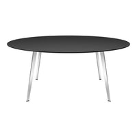 Round black table with sleek silver legs, offering a modern and minimalist design. Perfect for any contemporary space.