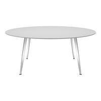 Round white dining table with sleek silver legs, showcasing a minimalist design and smooth surfaces. Ideal for modern decor.