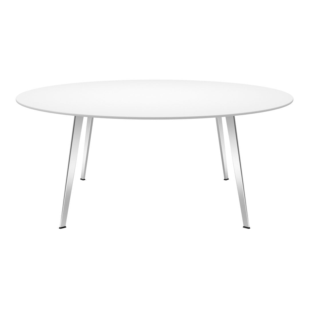 Round white table with sleek silver legs, perfect for modern decor. Clean, minimalist design with no patterns.