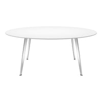 Round white table with sleek silver legs, perfect for modern decor. Clean, minimalist design with no patterns.