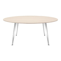 Light wood circular tabletop with a smooth finish, complemented by sleek silver metal legs. Modern and minimalistic design.