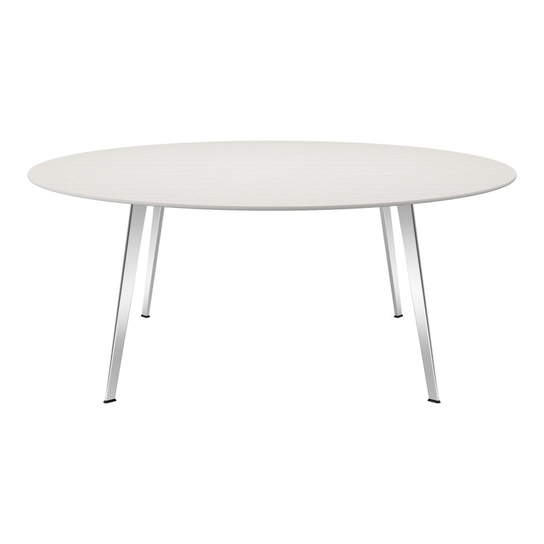 Round white dining table with a subtle textured pattern and sleek silver legs, ideal for modern interiors.