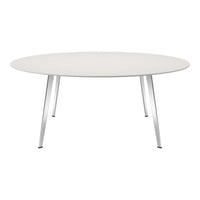 Round white dining table with a subtle textured pattern and sleek silver legs, ideal for modern interiors.