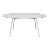 Round white table with sleek design and minimalist style, featuring clean lines and a smooth surface. Perfect for modern spaces.