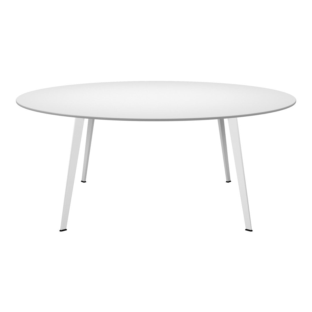 Round white table with sleek, minimalistic design and slender white legs, perfect for modern decor.