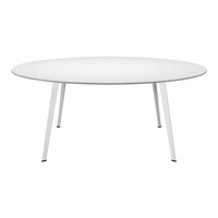 Round white table with sleek, minimalistic design and slender white legs, perfect for modern decor.