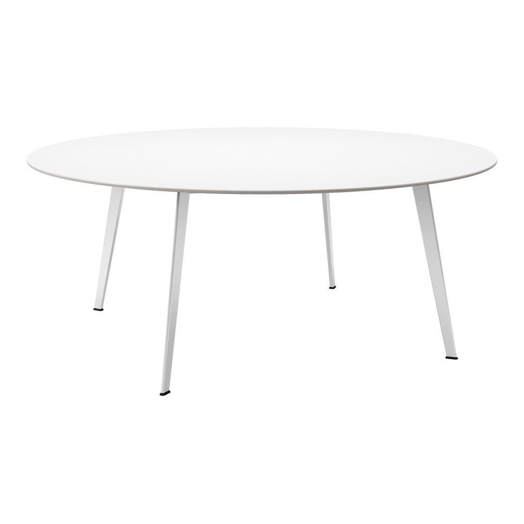 Round white table with sleek white legs and subtle black feet accents, perfect for modern decor.