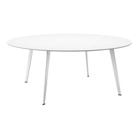 Round white table with sleek white legs and subtle black feet accents, perfect for modern decor.