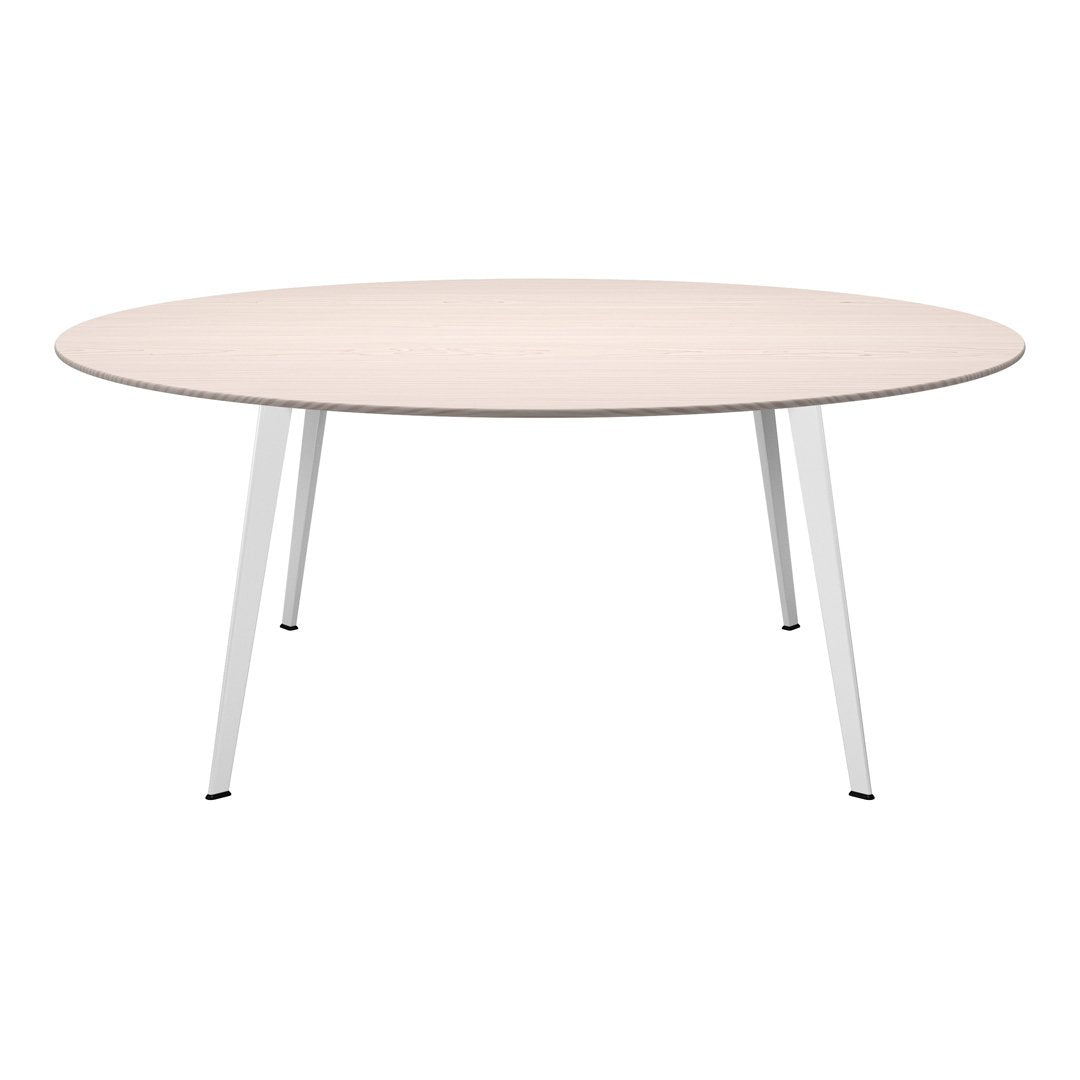 Round wooden table with a light natural wood finish and sleek white metal legs. Minimalist design and subtle textures.