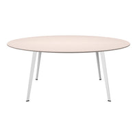 Round wooden table with a light natural wood finish and sleek white metal legs. Minimalist design and subtle textures.