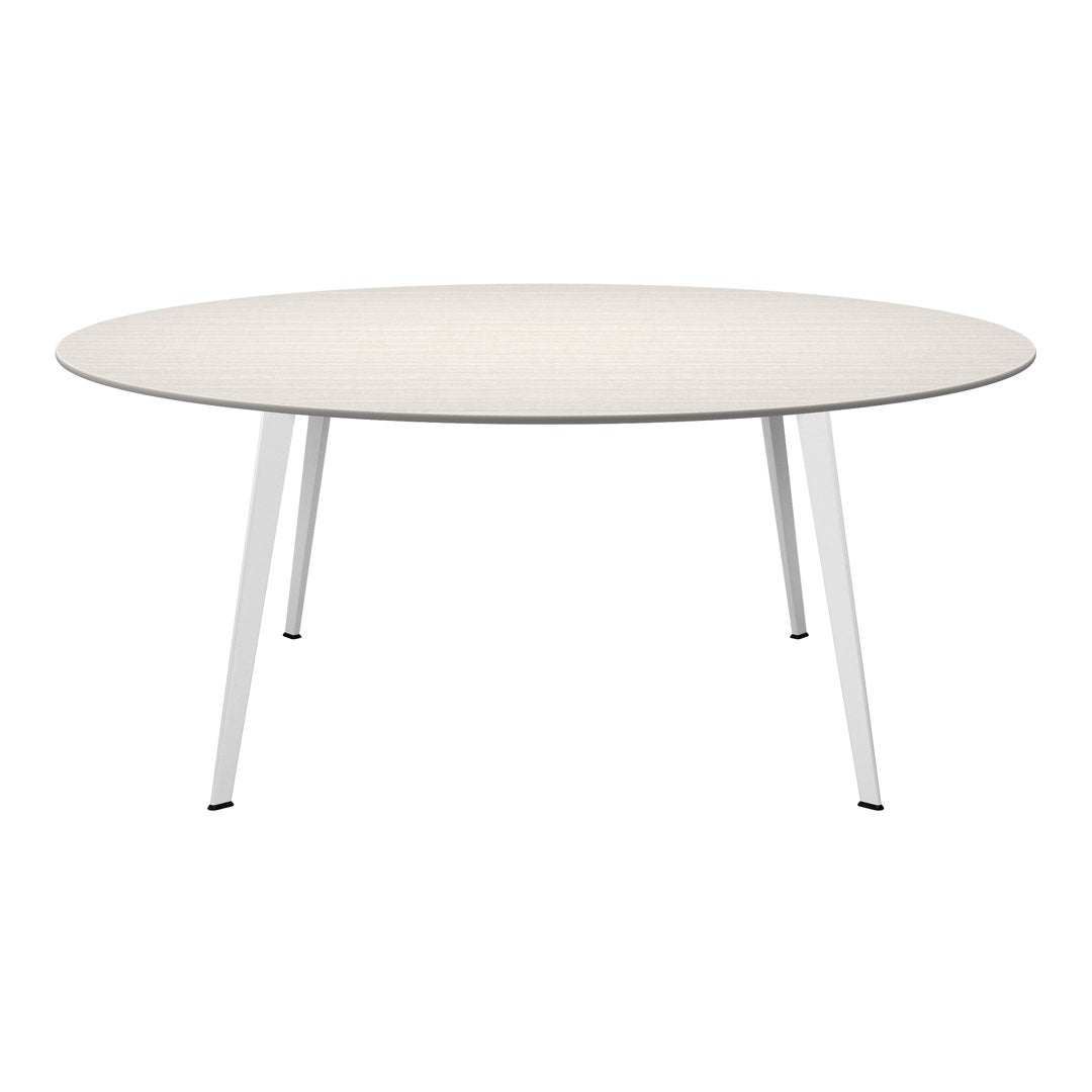 Round table with a light wood grain finish and sleek white metal legs for a modern aesthetic.