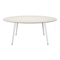 Round table with a light wood grain finish and sleek white metal legs for a modern aesthetic.